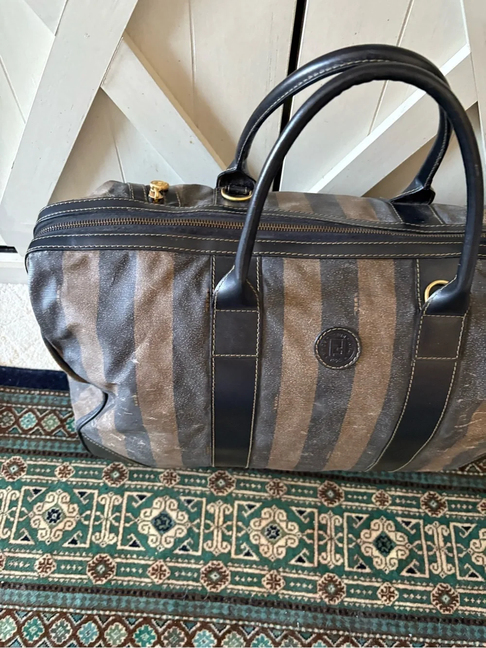 Fendi Striped Pequin Canvas /w Black Leather Duffel Bag